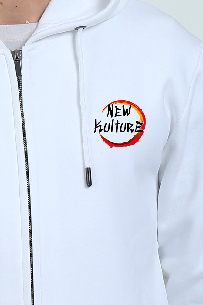 Front view of Men's White Oversized Zip Hoodie with Demon Slayer graphic on front pocket."