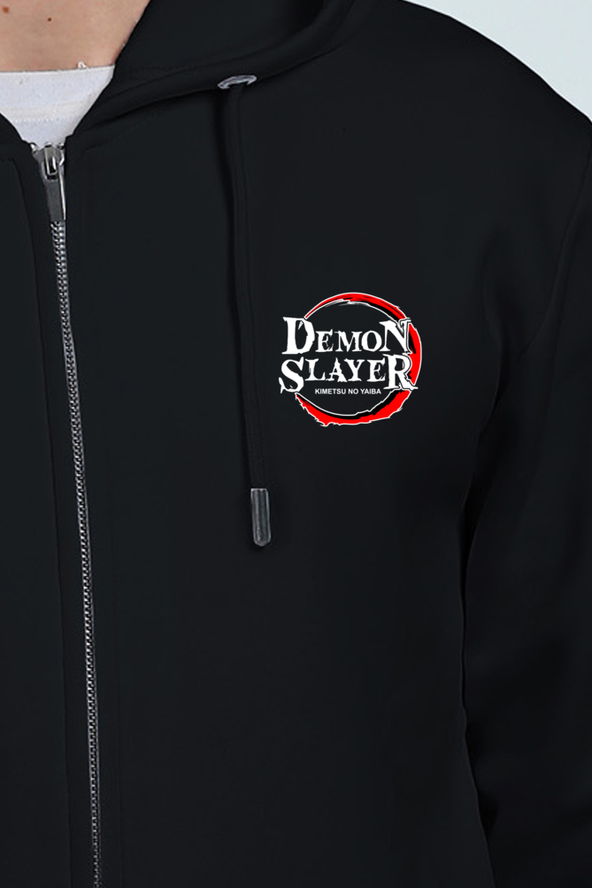 Close-up pocket view of Demon Slayer graphic on the front pocket of Men's Black Oversized Zip Hoodie