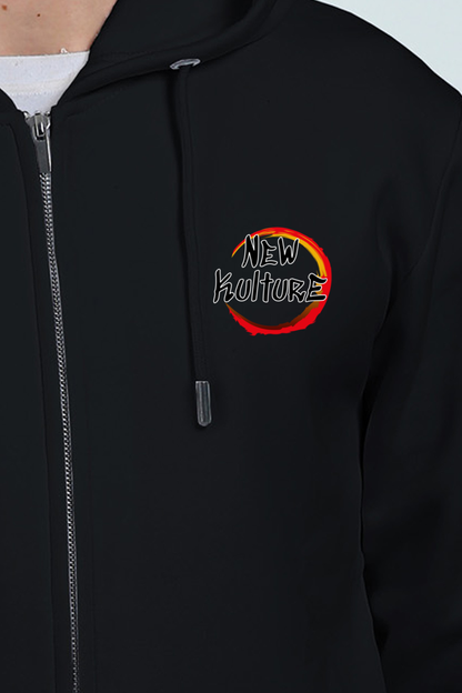 Front view of Men's Black Oversized Zip Hoodie with Demon Slayer graphic on front pocket