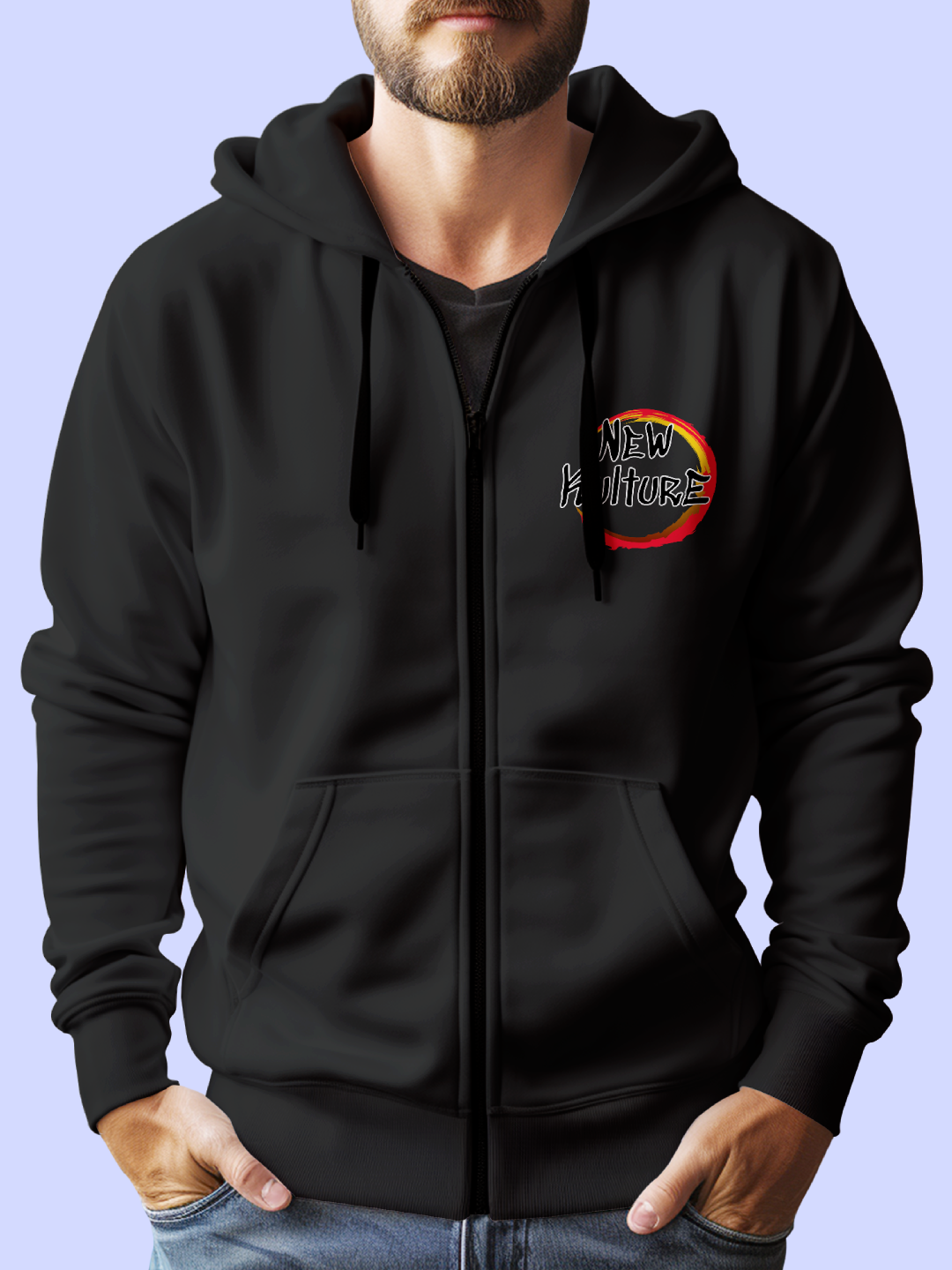 Front view of Men's Black Oversized Zip Hoodie with Demon Slayer 