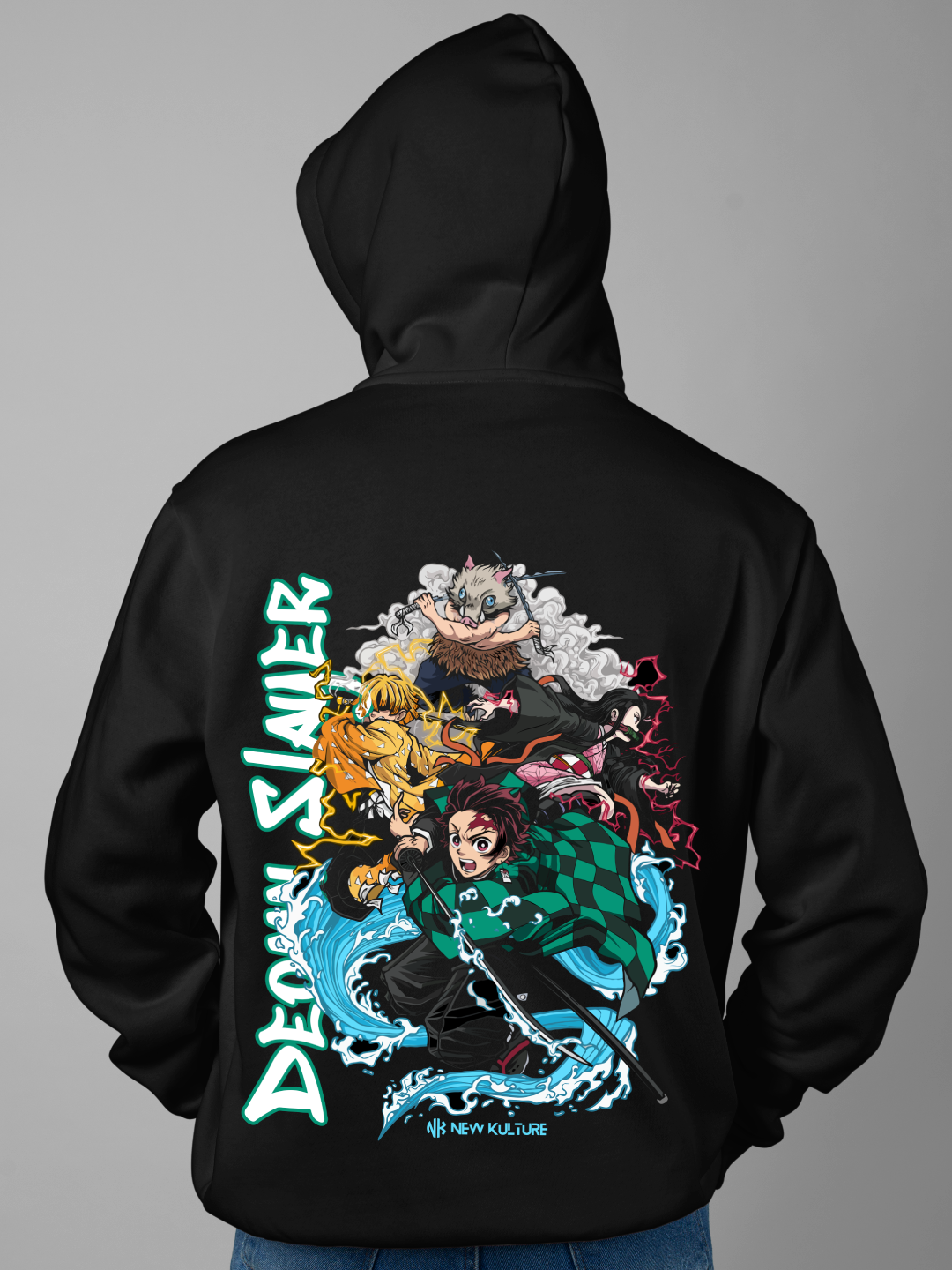 Back view of Men's Black Oversized Zip Hoodie featuring Demon Slayer characters design