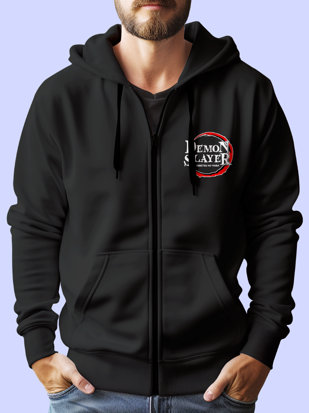 Front view of Men's Black Oversized Zip Hoodie with Demon Slayer graphic on front pocket.