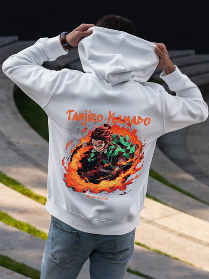 Back view of Men's White Oversized Zip Hoodie featuring Tanjiro Kamado in flames design