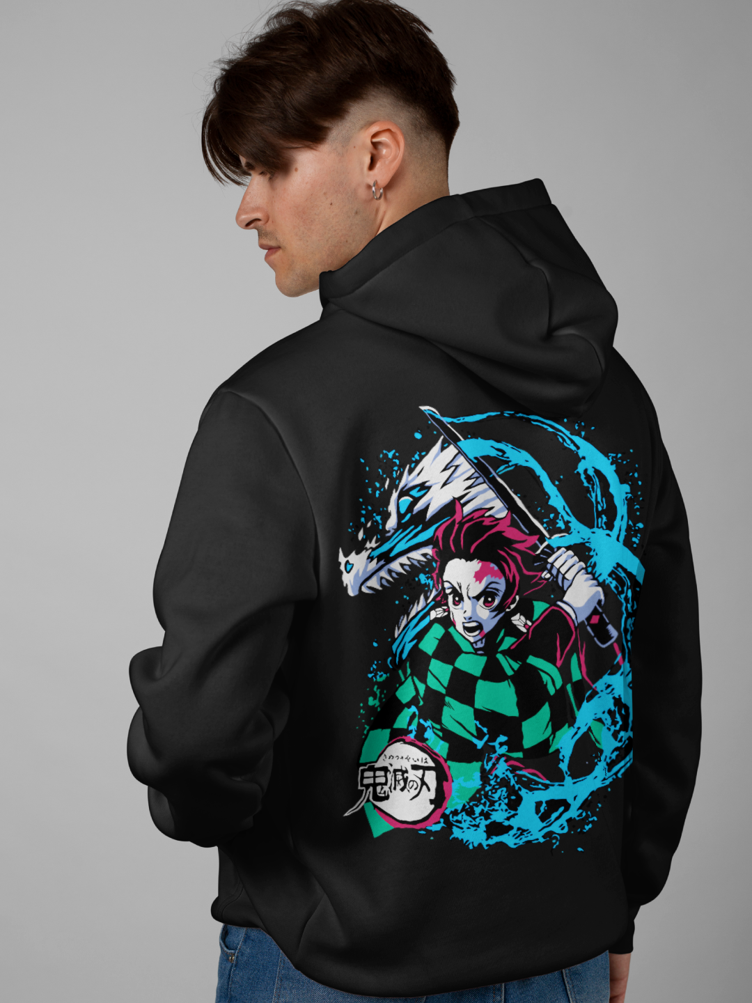 Back view of Men's Black Oversized Zip Hoodie featuring Tanjiro Kamado design.