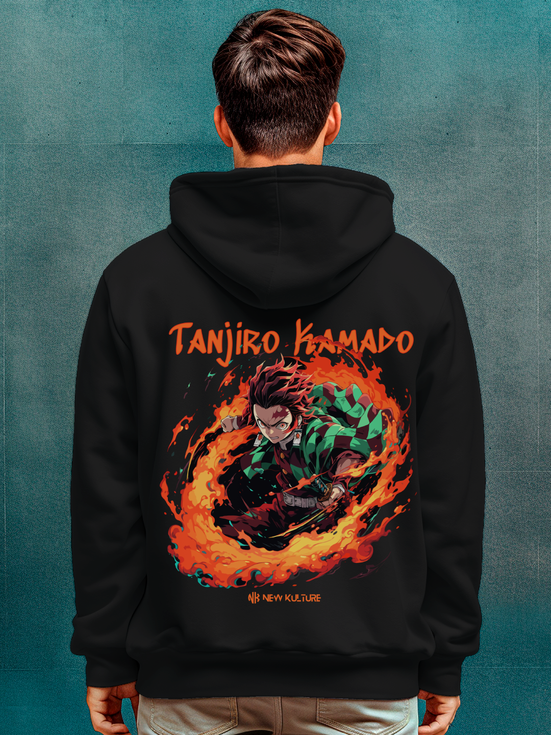 Back view of Men's Black Oversized Zip Hoodie featuring Tanjiro Kamado in flames design